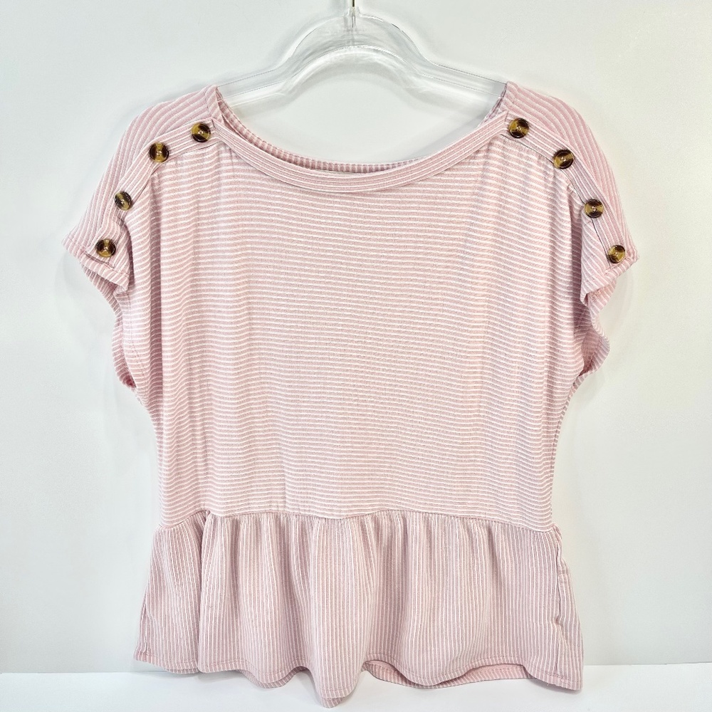 French Laundry Peplum Top Women’s Size Med Pink & White Stripe Button Shoulder